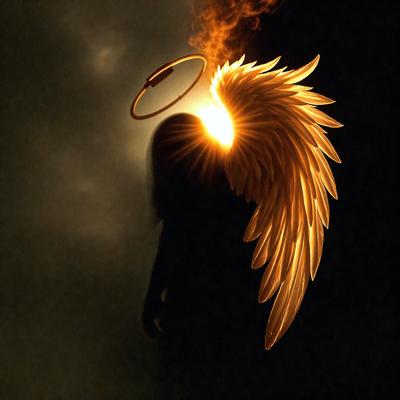 The primary subject of the image is a person with a halo, which is an angelic symbol. The person is standing in a dark, cloudy sky, which creates a dramatic and moody atmosphere. The visual style of the image is a combination of photo and digital art, as it appears to be a photo with a digital artistic touch. The colors in the image are predominantly dark, with the halo and the angelic symbol being the main focus, creating a sense of mystery and spirituality.